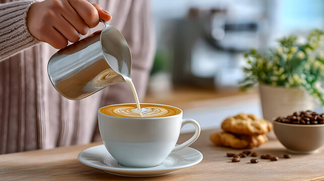 Hand pouring steamed milk into a white coffee cup, creating intricate latte art, surrounded by cookies and coffee beans on a wooden table, evoking a cozy cafe atmosphere with inviting warmth - Powered by Adobe