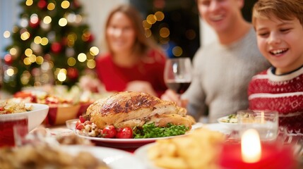 Festive Feast and Family Joy: A warm and inviting holiday gathering unfolds, a roast chicken takes center stage. Capturing the spirit of togetherness, laughter, and seasonal delights.
