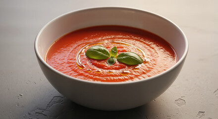 Delicious tomato soup with basil leaves in a white bowl on a dark background