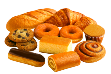 Selection of fresh tasty and delicious bakery items isolated on white background