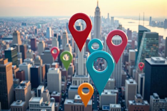 Bird's eye view of a city showcasing various colored map pins pinpointing local sights and hidden treasures.