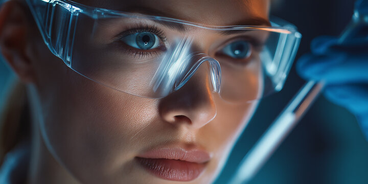 Female scientist in laboratory wearing safety goggles conducting experiment with pipette