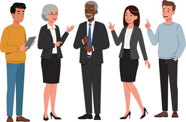 Diverse group of business professionals interacting casually in office attire, showcasing teamwork, communication, and workplace collaborationDiverse group of business professionals 