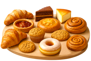 Selection of fresh tasty and delicious bakery items isolated on white background