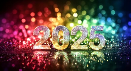 Sparkling 2025 new year celebration with colorful bokeh lights
