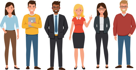 Diverse group of business professionals standing together in office attire, showcasing teamwork, inclusion, and corporate collaboration