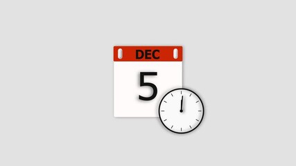 December 5 date animation. Calendar and clock icon animation, on white background. Stunning 4k animation.