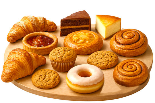 Selection of fresh tasty and delicious bakery items isolated on white background