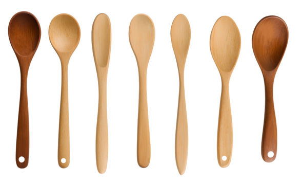 Collection of seven natural wooden spoons and utensils isolated on white background