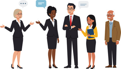 Five business professionals engaged in conversation with speech bubbles, showcasing workplace communication, diversity, and corporate interaction