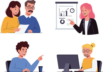 Four illustrated office scenes showing teamwork, data presentation, collaboration, and computer work in a modern professional environment
