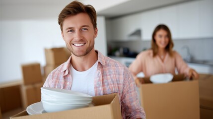 Moving Day: A Couple's New Beginning: A couple embarks on a new chapter, carrying boxes filled with cherished possessions, filled with anticipation and excitement.