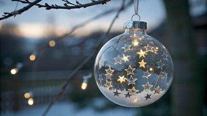 Transparent christmas ornament filled with twinkling star shaped fairy lights hanging from a bare tree branch in soft winter twilight