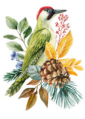Green Woodpecker with Pinecone and Fall Botanical Watercolor on isolated white background, drawing clipart