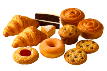 Selection of fresh tasty and delicious bakery items isolated on white background