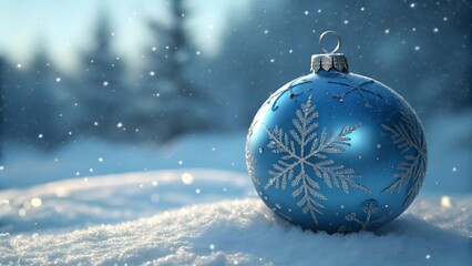 A single sparkling blue christmas ornament with snowflake patterns rests on a snowy ground with falling snowflakes and a blurred winter forest background