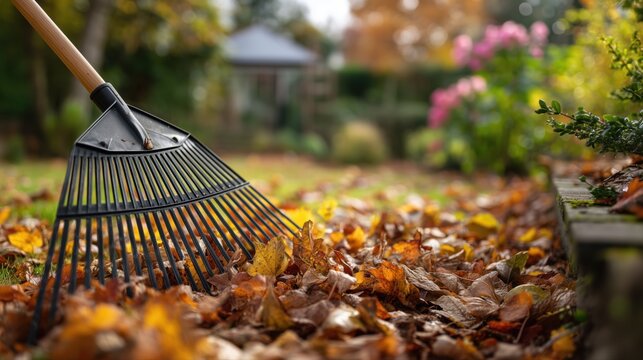 Autumn garden maintenance scene from ground level showing rake gathering leaves symbolizing seasonal routine ideal for buyers promoting yard care home improvement and natural lifestyle concepts