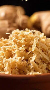 Macro shot of a hand grating a piece of fresh ginger root. The fragrant curls gently land in a rustic clay bowl, ideal for seasoning dishes or brewing herbal teas