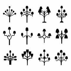 Collection of twelve black silhouette lamp and chandelier icons.