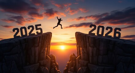 A person leaping from a cliff marked 2025 to another marked 2026, symbolizing a new year transition and future challenges at sunset.