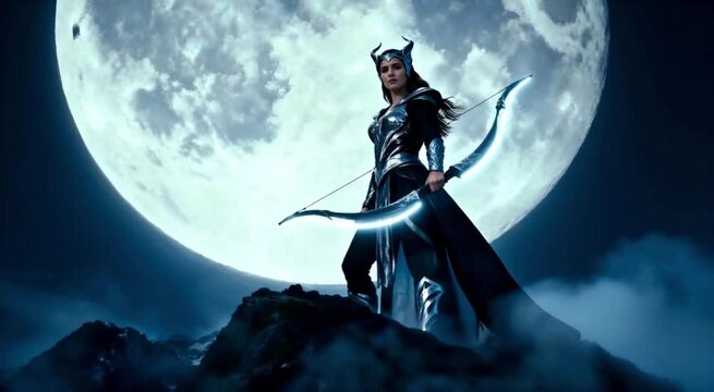 Mujer vestida de cazadora mitológica 