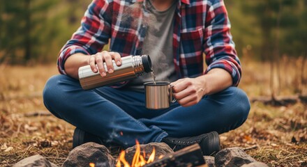 Close up outdoor camping scene of man in plaid flannel shirt and jeans pouring steaming tea from thermos into rustic metal mug beside fire, forest background with warm glow, fall autumn picnic