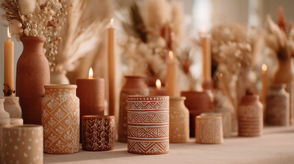 A warm, boho-inspired still life featuring matte ceramic vases decorated with delicate white hand-painted patterns. Each vase is filled with dried botanicals, including pampas grass, bunny tails, and