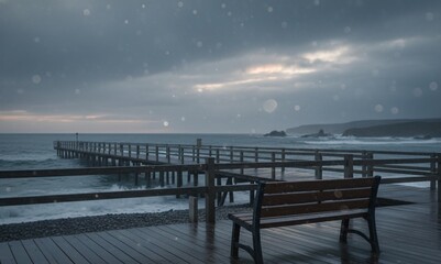 Fototapeta premium Stormy Winter Beach with Wooden Pier and Empty Bench