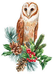 Burrowing Owl with Pinecones and Holly Berries Watercolor Illustration, Wildlife bird with green leaves, forest plants