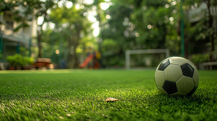 A soccer ball sits on a green field with a blurred background of trees and a goal post in the distance