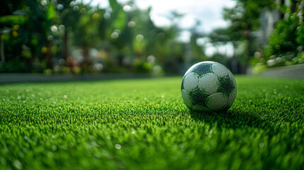 Obraz premium A soccer ball resting on vibrant green grass in a park setting with blurred background elements visible