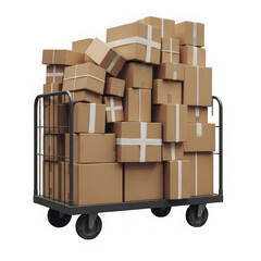 Cardboard boxes stacked high on a metal cart isolated on transparent background