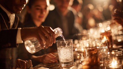 Elegant Dinner Gathering with Guest Enjoying Water Poured into Glass by Attentive Host in Warm Atmosphere