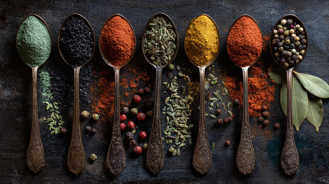 A colorful collection of diverse spices artfully arranged in vintage spoons