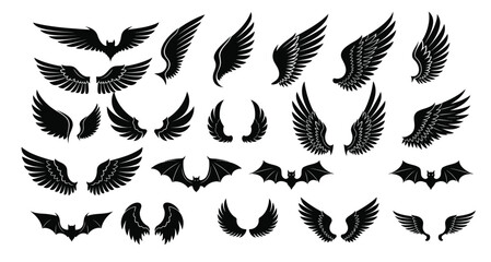 Set of various black wings illustrations on white background