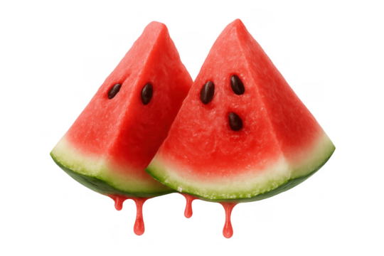 Two red watermelon slices having juice dripping from succulent pulp with black seeds, transparent background