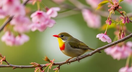 Fototapeta premium A vibrant red billed leiothrix perched on a blossoming cherry tree branch outdoors
