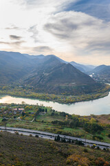 Panoramic view of the Aragvi and Kura rivers confluence and Mtskheta city seen from Jvari monastery © vahanabrahamyan