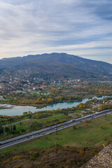 Naklejka premium Panoramic view of the Aragvi and Kura rivers confluence and Mtskheta city seen from Jvari monastery