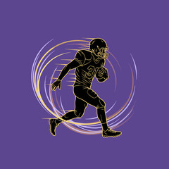 Golden outline of an American football player running with the ball, surrounded by dynamic light trails on a purple background. © fatrajpg