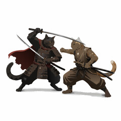 Two anthropomorphic cats, one a black samurai and the other a brown ninja, engaged in a dynamic sword fight with katanas.
