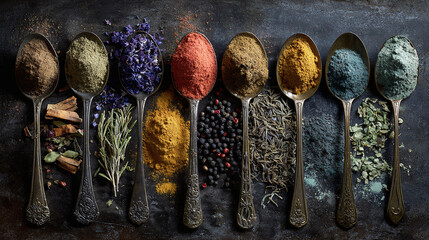 Vibrant spices on spoons artfully arranged, presenting a culinary palette of flavors
