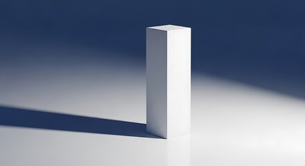 White rectangular prism standing upright, casting a long shadow on a dark bluegrey background, representing stability and foundation
