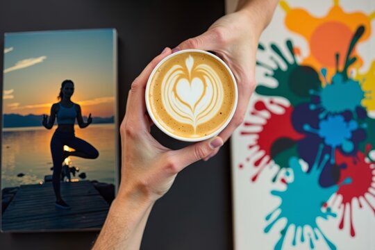 - Aerial View of a Barista Creating Latte Art - Macro Shot of Hands Using Smartphone with Reflective Screen - Silhouetted Figure Practicing Yoga on a Mountain Peak