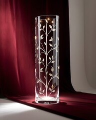 Tall decorative glass cylinder featuring illuminated floral engravings set against neutral contemporary background