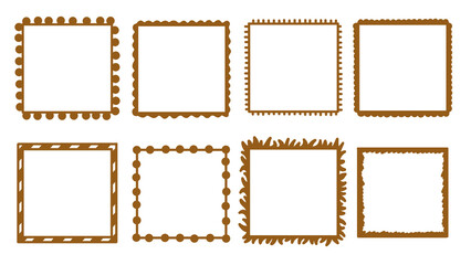 Collection of Decorative Brown Square Frames on Transparent Background, Ornamental Borders, Isolated Vector Elements for Graphic Design, Scrapbooking and Invitations.
