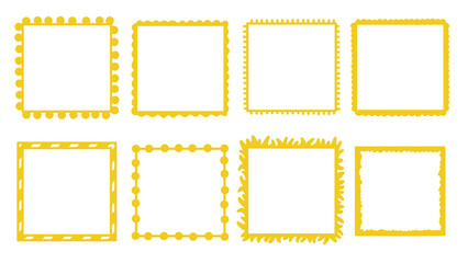 Collection of eight transparent golden decorative vector square and rectangle frames with various borders on a white background.