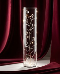 Elegant illuminated glass vase with delicate floral engravings against luxurious flowing crimson velvet drapery