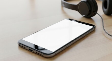 Modern smartphone with blank screen and wired headphones resting on a wooden surface