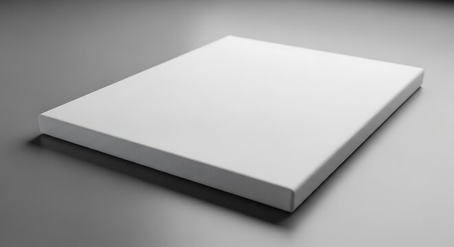 Clean and minimalist blank white box or book cover mockup resting on a subtle grey background, ideal for branding